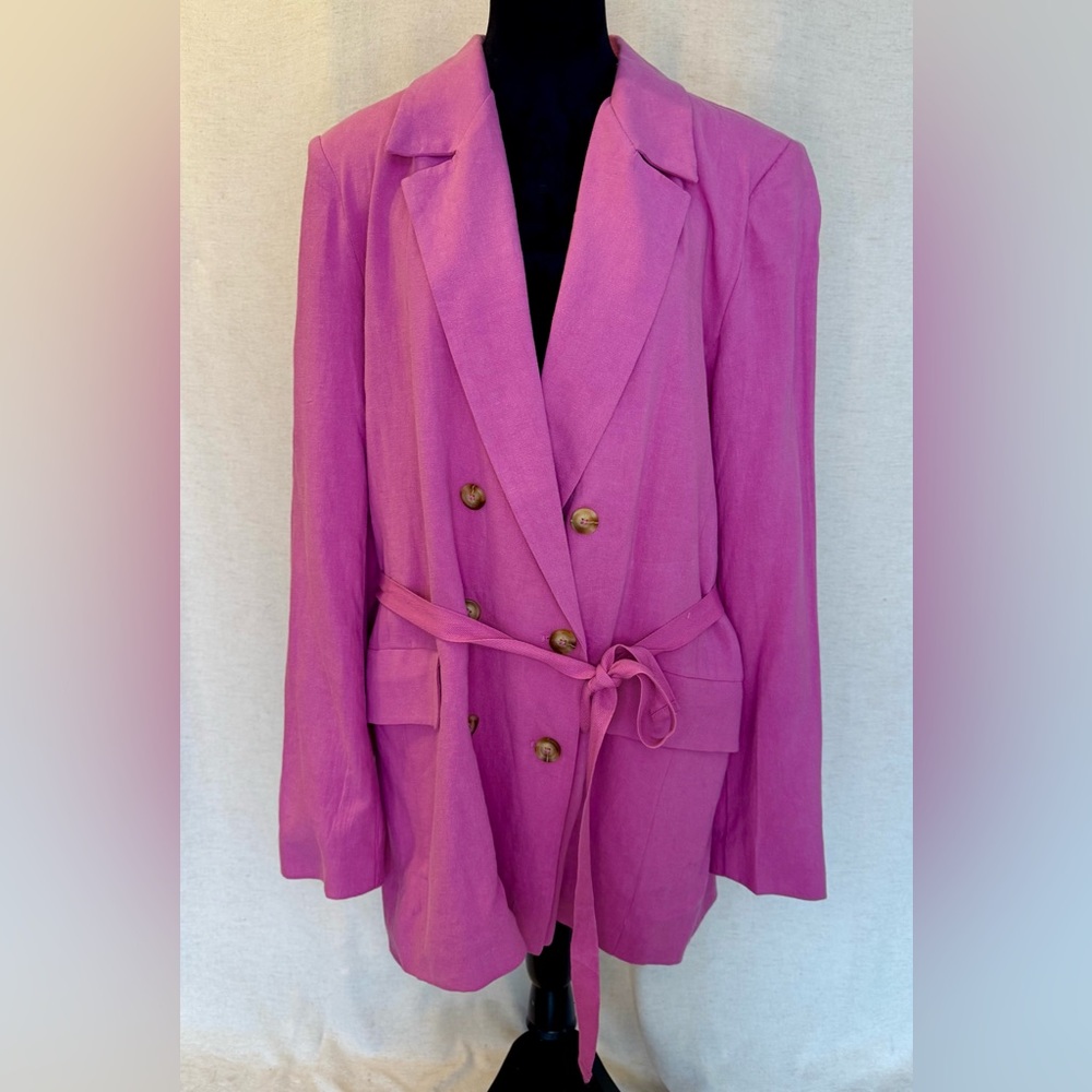 Free People Olivia Linen Blazer Hot Pink Magenta Double Breasted Belted Size L